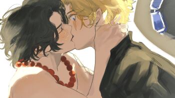 2boys bare_shoulders bead_necklace beads black_hair black_hat black_jacket blonde_hair blue_eyes closed_eyes commentary english_commentary freckles from_side hand_on_another&#039;s_nape hat highres jacket jewelry kiss looking_at_another male_focus multiple_boys necklace oh_no_nori one_piece portgas_d._ace profile sabo_(one_piece) scar scar_on_face short_hair topless_male unworn_hat unworn_headwear upper_body white_background yaoi