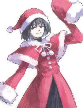 1girl arm_up black_dress black_eyes black_hair black_shirt bob_cut capelet christmas closed_mouth dress empty_eyes fur-trimmed_capelet fur_trim hat highres long_sleeves monogatari_(series) oshino_ougi pale_skin pom_pom_(clothes) red_capelet ribbon santa_costume santa_dress santa_hat shirt short_hair simple_background sleeves_past_wrists smile solo spdcooler turtleneck white_background white_ribbon