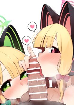 1boy 2girls animal_ear_headphones animal_ears bar_censor blue_archive cat_ear_headphones cat_ears censored commentary_request cooperative_fellatio fake_animal_ears fellatio ffm_threesome green_eyes green_halo group_sex halo headphones hetero highres loli midori_(blue_archive) momoi_(blue_archive) multiple_girls oral penis pink_halo pov red_eyes shimaidon_(sex) siblings simple_background sisters teamwork_(sexual) teruisi threesome twins white_background