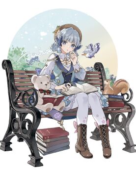 Rule 34 | 1girl, ayaka (genshin impact), blue dress, blue eyes, blue hair, blunt bangs, blunt tresses, book, boots, brown boots, butterfly hair ornament, commentary request, dress, floral print, full body, genshin impact, hair ornament, hat, kamisato ayaka, kamisato ayaka (springbloom missive), long sleeves, mole, mole under eye, official alternate costume, official alternate hairstyle, open book, pantyhose, parted lips, simple background, sitting, solo, squirrel, stuffed toy, tuduri, white background, white pantyhose