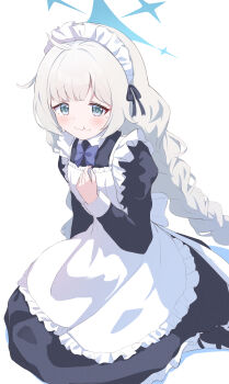 1girl absurdres alternate_costume apron black_dress blue_archive blue_bow blue_bowtie blue_eyes blue_halo bow bowtie braid braided_ponytail commentary dress enmaided food food_on_face frilled_apron frills full_body grey_hair halo hand_on_own_chest highres juliet_sleeves long_hair long_sleeves looking_at_viewer lusye maia_(blue_archive) maid maid_apron maid_headdress puffy_cheeks puffy_sleeves simple_background sitting solo white_apron white_background