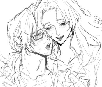 Rule 34 | 1boy, 1girl, absurdres, assertive female, beard stubble, blush, breasts, cleavage, collarbone, collared shirt, dress shirt, drooling, embarrassed, facial hair, formal clothes, glasses, gregor (project moon), greyscale, half-closed eyes, height difference, hetero, highres, holding hands, implied handjob, kiss, limbus company, lips, long hair, looking at another, looking down, low ponytail, monochrome, naughty face, necktie, nose blush, open clothes, open mouth, open shirt, parted bangs, photoshop (medium), ponytail, popped collar, project moon, rodion (project moon), saliva, saliva trail, semi-rimless eyewear, shirt, simple background, sketch, smile, stubble, sweat, sweatdrop, teeth, tongue, tongue out, torogao, unbuttoned, under-rim eyewear, upper body