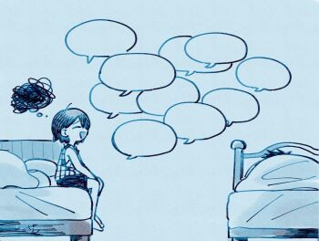 Rule 34 | 2boys, aged down, barefoot, blank speech bubble, brothers, checkered clothes, commentary request, crying, greyscale, hero (faraway) (omori), hero (omori), kel (faraway) (omori), kel (omori), male focus, monochrome, multiple boys, o tori mhyk, omori, on bed, open mouth, short hair, shorts, siblings, simple background, sitting, speech bubble, spoken squiggle, squiggle, tank top, thought bubble, under covers