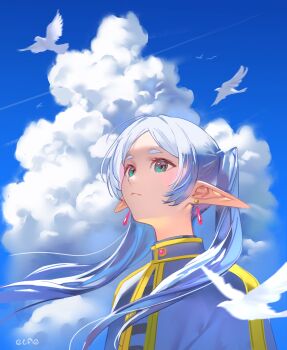 1girl absurdres artist_name bird blue_sky capelet cloud commentary cumulonimbus_cloud earrings elf elfe_art english_commentary expressionless frieren gold_trim green_eyes hair_over_shoulder highres jewelry long_pointy_ears looking_up meme parted_bangs pointy_ears shirt sky solo sousou_no_frieren striped_clothes striped_shirt teardrop_earrings thick_eyebrows twintails upper_body upward_angle_frieren_drawing_(meme) white_capelet white_hair