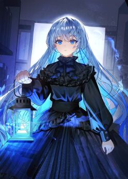 1girl black_dress blue_eyes bookshelf commentary_request dress frilled_dress frills grey_hair highres holding holding_lantern lantern long_hair long_sleeves looking_at_viewer original revision sakizaki_saki-p standing very_long_hair