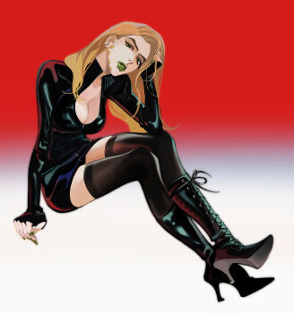 1girl absurdres blonde_hair boots breasts commentary earrings english_commentary genderswap genderswap_(mtf) gradient_background green_eyes green_lips green_nails gyro_zeppeli high_heel_boots high_heels highres jewelry jojo_no_kimyou_na_bouken long_hair reichio solo steel_ball_run stud_earrings