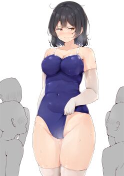 1girl 4boys black_hair blue_one-piece_swimsuit blush breasts cleavage closed_mouth clothes_pull collarbone commentary_request covered_navel elbow_gloves embarrassed faceless faceless_male gloves highres medium_breasts medium_hair multiple_boys one-piece_swimsuit one-piece_swimsuit_pull original plump shinonon_(iso_shino) simple_background standing sweatdrop swimsuit thighhighs thighs white_background white_gloves white_thighhighs yellow_eyes