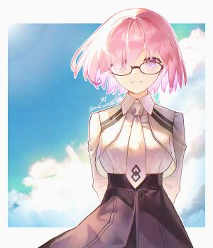 1girl absurdres aoi_hane arms_behind_back black_skirt blue_sky cloud commentary_request fate/grand_order fate_(series) glasses highres mash_kyrielight mash_kyrielight_(chaldea_uniform) necktie pink_hair purple_eyes signature skirt sky smile white_necktie