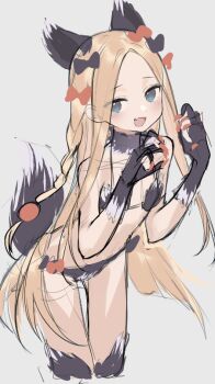 1girl abigail_williams_(fate) animal_ears bare_shoulders bikini black_bikini black_bow black_gloves black_thighhighs blonde_hair blue_eyes blush bow breasts claws fate/grand_order fate_(series) forehead fur_bikini fur_collar gloves hair_bow lazu0721 long_hair looking_at_viewer open_mouth orange_bow parted_bangs sketch small_breasts smile solo swimsuit tail thighhighs thighs wolf_ears wolf_tail