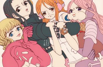 4girls bangle bare_shoulders black_hair black_jacket blonde_hair blue_eyes bracelet brown_eyes cropped_jacket frown headset highres hug jacket jewelry jewelry_bonney jewelry_bonney_(egghead) kiakawatsuji leather leather_jacket lipstick log_pose long_hair looking_at_another looking_at_viewer looking_to_the_side makeup midriff multiple_girls nami_(one_piece) nami_(one_piece)_(egghead) nico_robin nico_robin_(egghead) official_alternate_costume one_piece orange_hair pink_hair pout puffy_cheeks purple_eyes radio_antenna short_hair simple_background stussy_(one_piece) twitter_username vegasuit white_background