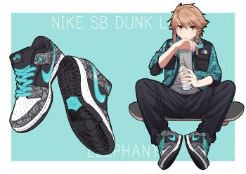 Rule 34 | 1girl, absurdres, aqua background, black pants, blue jacket, border, bottle, braid, braided sidelock, brown eyes, brown hair, casual, closed mouth, commentary request, footwear focus, full body, grey shirt, grey shoes, highres, holding, holding bottle, jacket, jouhou, long sleeves, multicolored shoes, nike (company), open clothes, open jacket, outside border, pants, shidou maki (toji no miko), shirt, shoes, short hair, simple background, sitting, skateboard, sneakers, solo, supreme (brand), sweat, the north face, thick eyebrows, toji no miko, water bottle, white border