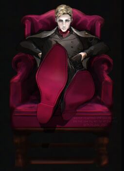 1boy alternate_costume black_background black_cape black_pants black_shirt blonde_hair cape chair closed_mouth commentary dress_shoes english_commentary erwin_smith frown grey_vest highres lapels long_sleeves looking_at_viewer male_focus pants parted_hair shingeki_no_kyojin shirt shoes short_hair sitting solo vest watermark yuu_(39_hj_yuu)