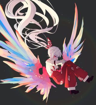1girl commentary_request feathered_wings fujiwara_no_mokou full_body glowing glowing_eyes grey_background highres long_hair pants red_eyes red_pants ryouryou shirt solo suspenders touhou very_long_hair white_hair white_shirt wings