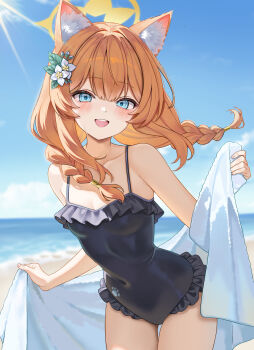 1girl absurdres animal_ear_fluff animal_ears bare_shoulders beach black_one-piece_swimsuit blonde_hair blue_archive blue_eyes braid breasts cat_ears cloud cloudy_sky commentary_request covered_navel fingernails flower frilled_one-piece_swimsuit frills hair_flower hair_ornament halo highres holding holding_towel horizon lnji_(rnlwls34) looking_at_viewer low_twin_braids mari_(blue_archive) mari_(swimsuit)_(blue_archive) medium_hair ocean official_alternate_costume one-piece_swimsuit open_clothes paw_print sand sky small_breasts solo sunlight swimsuit teeth towel twin_braids upper_body upper_teeth_only