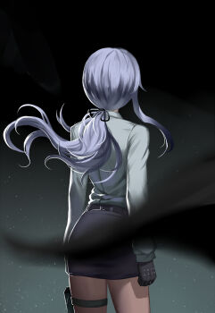 Rule 34 | 10s, 1girl, blurry, danganronpa (series), danganronpa 3 (anime), depth of field, female focus, from behind, gloves, highres, holster, jacket, kirigiri kyoko, light purple hair, long hair, night, official alternate hairstyle, otaku (artist), pencil skirt, ponytail, pouch, skirt, sky, solo, star (sky), starry sky, thigh holster, thigh pouch, unworn jacket