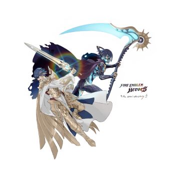 2boys alfonse_(fire_emblem) armor blonde_hair blue_eyes blue_hair c3ure commentary_request fire_emblem fire_emblem_heroes folkvangr_(fire_emblem) highres holding holding_scythe lif_(fire_emblem) multiple_boys nintendo scale_armor scythe