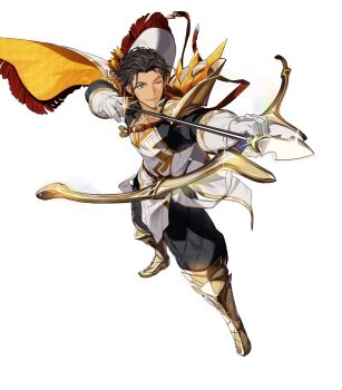 Rule 34 | 1boy, armor, armored boots, arrow (projectile), attack, black pants, black tunic, boots, bow (weapon), brown hair, cape, claude von riegan, claude von riegan (almyra's king) (resplendent), claude von riegan (timeskip), closed mouth, dark-skinned male, dark skin, dd (vktr4837), drawing bow, epaulettes, fire emblem, fire emblem: three houses, fire emblem heroes, foreshortening, full body, gloves, green eyes, highres, holding, holding bow (weapon), holding weapon, male focus, nintendo, non-web source, official alternate costume, official art, one eye closed, pants, short hair, shoulder armor, single epaulette, solo, tunic, weapon, white cape, white gloves, white tunic, yellow cape