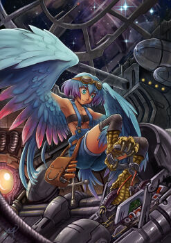 10s 1girl 2015 aqua_eyes armpits bag bandeau blue_hair blue_wings breasts cable denim eyebrows feathered_wings female_focus full_body goggles goggles_on_head gradient_hair harpy industrial_pipe knee_pads light_smile maxa' mechanic medium_breasts monster_girl multicolored_hair original overalls pliers purple_hair repairing science_fiction short_hair signature solo space spacecraft spacecraft_interior star_(sky) strapless suspenders talons tan tools window winged_arms wings zero_gravity