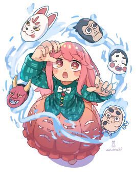 Rule 34 | 1girl, aqua shirt, arms up, artist name, aura, blush stickers, bow, bowtie, bubble skirt, collared shirt, commentary request, deformed, dot nose, fox mask, frilled skirt, frills, from above, full body, hata no kokoro, highres, hyottoko mask, long hair, long sidelocks, long sleeves, looking up, mask, monkey mask, oni mask, orange skirt, pink eyes, pink hair, pink nails, plaid clothes, plaid shirt, shirt, sidelocks, simple background, skirt, skirt cutout, solo, standing, star (symbol), tengu mask, touhou, triangle, uzumaki osushi, white background, white bow, white bowtie