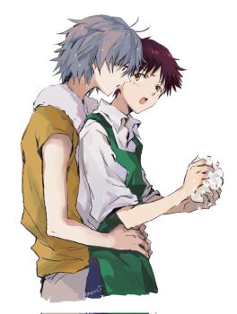 Rule 34 | 2boys, after bathing, apron, brown hair, collared shirt, commentary request, corrupted twitter file, dishwashing, from side, green apron, grey hair, height difference, highres, hug, hug from behind, ikari shinji, looking at another, male focus, multiple boys, nagisa kaworu, neon genesis evangelion, shirt, short hair, simple background, towel, towel around neck, wet, wet hair, white background, white shirt, yaoi, yellow shirt, yorumi1117