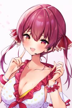 :d absurdres bikini breasts cleavage double-parted_bangs fangs frilled_bikini frills front-tie_bikini_top front-tie_top hair_between_eyes hair_ribbon hands_up headset heterochromia highres hololive hololive_fantasy houshou_marine large_breasts long_hair looking_at_viewer neru5 open_mouth red_eyes red_hair red_ribbon ribbon scrunchie sidelocks smile strap_lift swimsuit twintails virtual_youtuber white_bikini wrist_scrunchie yellow_eyes