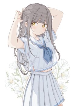 1girl blue_neckerchief blunt_bangs blush breasts brown_eyes brown_hair commentary flower highres long_hair looking_at_viewer maigoyaki midriff_peek neckerchief original pleated_skirt sailor_collar sailor_shirt school_uniform serafuku shirt short_sleeves skirt solo symbol-only_commentary tying_hair white_sailor_collar white_serafuku white_shirt white_skirt yellow_eyes