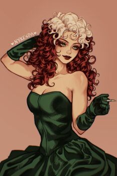 Rule 34 | 1girl, arm behind head, artist name, black eyeshadow, breasts, cigarette, cleavage, commentary, curly hair, dress, elbow gloves, english commentary, eyeshadow, gloves, green dress, green eyes, green gloves, highres, holding, holding cigarette, long hair, looking to the side, makeup, marvel, medium breasts, multicolored hair, nyxespa, pink background, red hair, red lips, rogue (x-men), solo, strapless, strapless dress, upper body, white hair, x-men