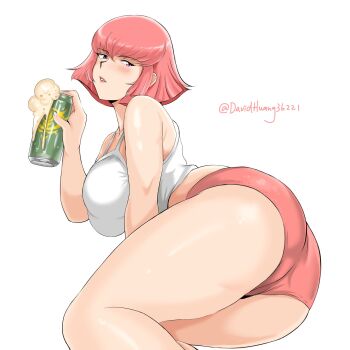 1girl alcohol ass beer bob_cut breasts can david_huang drink feet_out_of_frame foam from_behind good_ass_day gundam gundam_zz haman_karn highres holding holding_drink large_breasts looking_back neo_zeon pink_eyes pink_hair short_hair solo tank_top thighs twitter_username white_background white_tank_top zeon
