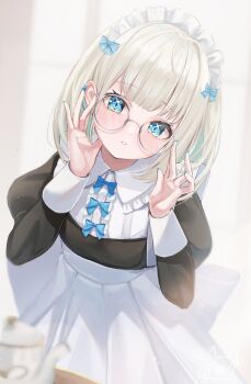 1girl :o adjusting_eyewear alternate_costume apron bespectacled black_dress blue_eyes blush bow bow-shaped_hair breasts collared_shirt colored_inner_hair dress frilled_apron frills glasses grey_hair hair_bow hair_ribbon highres horo_27 indoors itoi_toi_(neo-porte) long_sleeves looking_at_viewer maid maid_apron maid_headdress medium_hair multicolored_hair neo-porte parted_lips puffy_sleeves ribbon round_eyewear shirt simple_background solo sparkling_eyes teapot virtual_youtuber waist_apron white_apron wrist_cuffs