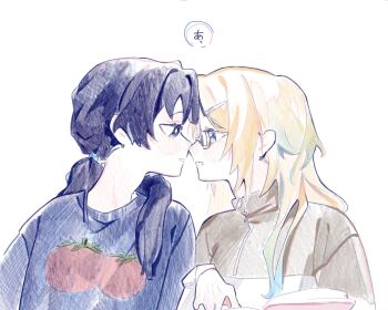 Rule 34 | 2girls, blonde hair, blue hair, blue sweater, book, brown shirt, colored speech bubble, commentary, dark blue hair, eye contact, glasses, gradient hair, hair intakes, hair ornament, hair over shoulder, hairclip, highres, light blue hair, link! like! love live!, long hair, long sleeves, looking at another, love live!, multicolored hair, multiple girls, murano sayaka, murano sayaka (summer loungewear), noses touching, open book, open mouth, osawa rurino, osawa rurino (summer loungewear), pipi (m1x mix), print sweater, semi-rimless eyewear, shared speech bubble, shirt, simple background, speech bubble, sweater, tomato print, translation request, under-rim eyewear, upper body, virtual youtuber, white background, yuri