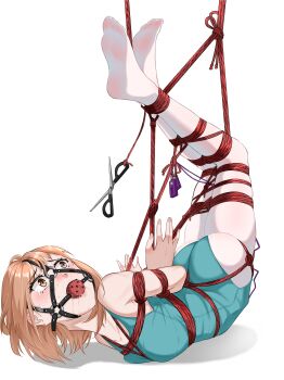 1girl absurdres ahoge aqua_leotard arms_behind_back ass ball_gag bare_shoulders bdsm between_breasts between_buttocks blue_leotard blush bondage bound bound_arms bound_breasts bound_legs bound_torso breast_bondage breasts brown_eyes brown_hair collarbone crotch_rope crying crying_with_eyes_open drooling female_focus fingernails full_body gag gagged green_leotard hair_between_eyes highres kidnapped kidnapping kinbaku legs legs_together legs_up leotard looking_back looking_up medium_hair original pantyhose predicament_bondage reaching rope saliva saliva_trail scissors see-through_clothes see-through_legwear see-through_pantyhose sex_toy shibari shibari_over_clothes simple_background skin_tight skindentation small_breasts soles solo struggling suspension tearing_up tears thighs tocita vibrator vibrator_cord vibrator_under_clothes white_background white_pantyhose