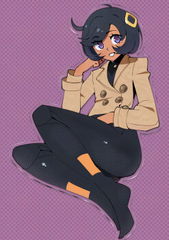 1girl black_hair bodysuit dark-skinned_female dark_skin emma_(pokemon) gjh nintendo pokemon pokemon_legends:_z-a purple_eyes shoes short_hair teeth