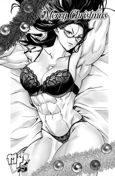 1girl abs armpits artist_logo breasts cherise_(xlauncher) christmas christmas_ornaments commentary english_commentary ericmartindood glasses highres large_breasts lingerie logo long_hair lying mole mole_under_mouth muscular muscular_female on_back on_bed original pointy_ears scar scar_on_chest smile solo underwear