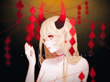 1girl bare_shoulders blonde_hair breasts brown_eyes character_name cleavage collarbone commentary_request dark_background demon_horns earrings gradient_background hair_between_eyes hand_up highres horns jewelry large_breasts light_blush long_hair parted_lips pink_lips red_horns shide shokuhou_misaki sidelocks solo star_(symbol) star_earrings string toaru_majutsu_no_index upper_body youlili