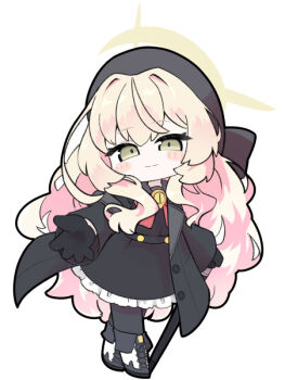 1girl beret black_gloves black_hat black_jacket black_pantyhose black_serafuku black_shirt black_skirt blonde_hair blue_archive blush_stickers boots cane chibi closed_mouth fold-over_boots full_body gloves green_eyes grey_sailor_collar hair_between_eyes halo hat jacket lace-up_boots long_hair miranofuudoria open_clothes open_jacket pantyhose professor_niyaniya_(blue_archive) sailor_collar school_uniform serafuku shirt simple_background skirt solo very_long_hair white_background white_boots