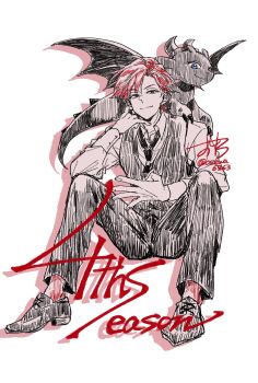 1boy black_necktie black_pants black_vest blue_eyes cale_henituse character_name closed_mouth collared_shirt commentary_request copyright_name dated dragon full_body hand_on_own_chin highres limited_palette long_sleeves looking_at_viewer lout_of_count&#039;s_family male_focus necktie osewa6363 pants partially_colored raon_miru red_hair red_socks shirt shoes short_hair signature simple_background sitting smile socks solo spot_color vest white_background white_shirt wings