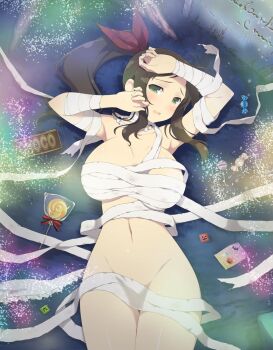 1girl armpits bandages bare_shoulders blush bow breasts brown_hair candy candy_wrapper chocolate chocolate_bar cleavage floral_print_bow floral_print_ribbon food grass graveyard green_eyes groin hair_bow hair_ribbon halloween large_breasts light_particles linea_alba lollipop long_hair looking_at_viewer lying mummy_costume murakumo_(senran_kagura) naked_bandage navel night official_art on_back open_mouth outdoors purple_bow purple_ribbon red_ribbon revealing_clothes ribbon senran_kagura senran_kagura_new_wave senran_kagura_shinovi_versus shiny_skin side_ponytail solo tombstone tree wrapped_candy yaegashi_nan
