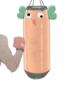 1boy blurry blurry_foreground boxing_gloves copyright_request drooling googly_eyes highres open_mouth original sandbag simple_background solo veins white_background wohaimeiyou