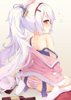 1girl animal_ears artist_request azur_lane blush bottle butt_crack drowsy fake_animal_ears female_focus hair_ornament headband highres jacket laffey_(azur_lane) light_purple_hair long_hair looking_at_viewer looking_back panties red_eyes seiza simple_background sitting sleepy socks solo striped_clothes striped_panties twintails underwear white_background wine_bottle