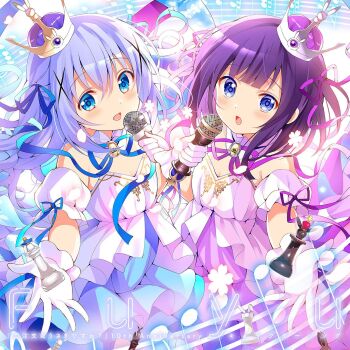 2girls :d album_cover blue_eyes blue_hair blue_ribbon blush breasts character_name chess_piece copyright_name cover crown detached_sleeves dress fuiba_fuyu gloves gochuumon_wa_usagi_desu_ka? hair_between_eyes hair_ornament hair_ribbon highres holding holding_microphone kafuu_chino king_(chess) long_hair looking_at_viewer microphone mini_crown multiple_girls musical_note official_art open_mouth pink_dress puffy_short_sleeves puffy_sleeves purple_hair purple_ribbon ribbon short_sleeves smile white_gloves x_hair_ornament
