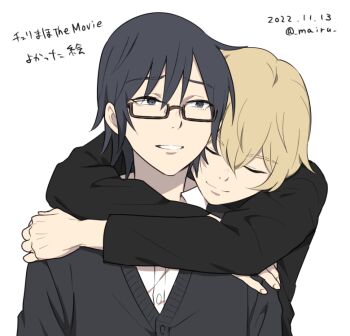 2boys black_hair black_sweater boku_dake_ga_inai_machi brown_hair closed_mouth commentary_request dated fujinuma_satoru glasses hug hug_from_behind kobayashi_kenya mairu_(582284310) male_focus multiple_boys parted_lips rectangular_eyewear semi-rimless_eyewear short_hair simple_background sweater translation_request white_background yaoi