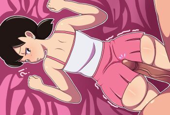 1boy 1girl ass buttjob camisole colorized d-art doraemon erection hetero highres huge_ass kyojiri_loli loli looking_back lying minamoto_shizuka mr_novasenpai on_stomach penis revealing_clothes short_twintails skirt thighs twintails veins veiny_penis