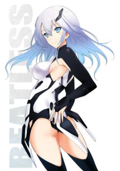1girl android armpit_cutout armpits ass beatless blue_eyes blue_hair bodysuit breasts clothing_cutout copyright_name cropped_legs gradient_hair hand_on_own_hip highres lacia_(beatless) long_hair looking_back mecha_musume multicolored_hair sideboob simple_background smile standing thighhighs thighs thumb_hole_sleeves turtleneck turtleneck_bodysuit uguisu_kagura white_background