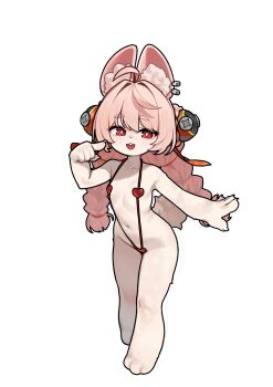1girl absurdres animal_ears blush body_fur braid bright_pupils flat_chest full_body furry furry_female highres loli long_hair looking_at_viewer navel open_mouth pink_hair rabbit_ears rabbit_girl red_eyes red_slingshot_swimsuit sangobob slingshot_swimsuit solo standing swimsuit twin_braids variant_set white_fur white_pupils zenless_zone_zero zhao_(zenless_zone_zero)