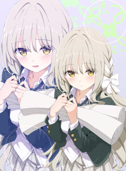 1girl absurdres blue_archive blush bow commentary different_zoom_layer highres holding jacket kame_(nokonoko10271) long_hair looking_at_viewer miyo_(blue_archive) school_uniform shirt skirt white_shirt