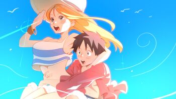 1boy 1girl arm_around_neck arms_around_waist bangle bare_shoulders bird black_hair blue_shorts blue_sky blush bracelet breasts camisole carrying carrying_person commentary cowboy_shot day english_commentary facial_scar floating_hair fur-trimmed_shorts fur_trim glint hand_on_another's_stomach hat highres jewelry large_breasts log_pose long_hair luke_hanley midriff monkey_d._luffy nami_(one_piece) one_piece open_clothes open_mouth open_shirt orange_hair outdoors red_shirt scar scar_on_cheek scar_on_chest scar_on_face shirt short_hair shorts sky straw_hat upper_body white_bird white_camisole