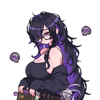 1girl aseprite_(medium) bare_shoulders black-framed_eyewear black_cardigan black_dress black_hair book breasts cardigan cleavage closed_mouth colored_inner_hair commentary dress flipped_hair floating_skull furrowed_brow glasses goddess_of_victory:_nikke hair_over_one_eye holding holding_book ibitsu_paint label_(nikke) large_breasts long_hair long_sleeves messy_hair mojyo multicolored_hair off_shoulder one_eye_covered open_cardigan open_clothes pixel_art purple_eyes purple_hair simple_background skull sleeveless sleeveless_dress smile solo stuffed_animal stuffed_rabbit stuffed_toy two-tone_hair upper_body very_long_hair white_background