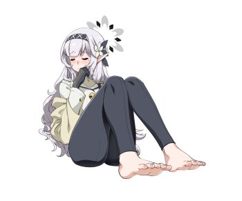 1girl 3: averting_eyes barefoot black_hairband black_pants blonde_hair blue_archive blunt_bangs blush closed_eyes closed_mouth commentary_request feet flower foot_focus full_body furrowed_brow grey_hair grey_halo hair_flower hair_ornament hair_tubes hairband halo hand_up henshako himari_(blue_archive) jacket knees_up legs long_hair long_pointy_ears long_sleeves mole mole_under_eye pants pointy_ears sidelocks simple_background sitting soles solo thighs toenails toes very_long_hair white_background white_flower white_jacket