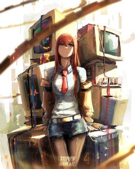 1girl absurdres artist_name computer highres long_hair looking_at_viewer makise_kurisu monitor neck pantyhose red_hair science_adventure serious short_shorts shorts solo steins;gate stephengiannart