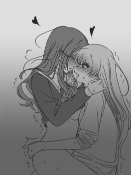 2girls bang_dream! bang_dream!_it's_mygo!!!!! blush bottomless chihaya_anon chinese_commentary commentary_request ear_blush fang fanjing greyscale heart highres implied_futanari long_sleeves monochrome multiple_girls nagasaki_soyo school_uniform sidelocks skin_fang sleeves_rolled_up straddling sweat tsukinomori_school_uniform